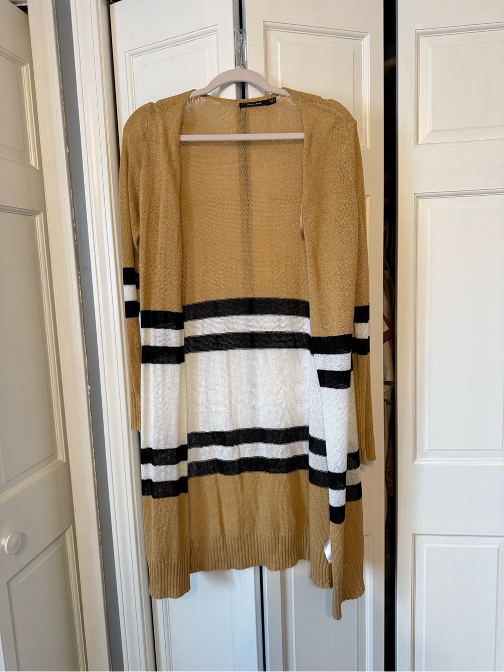 Doe & Rae Tan, White & Black Striped Open Cardigan